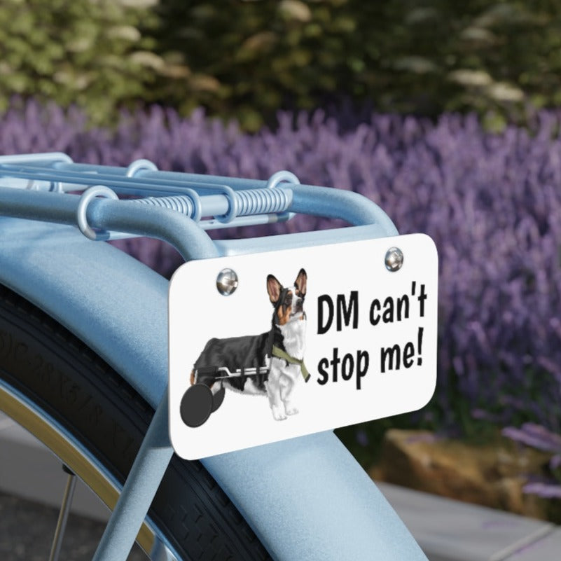 A blue bicycle with "DM can't stop me" license plate mounted to the back.