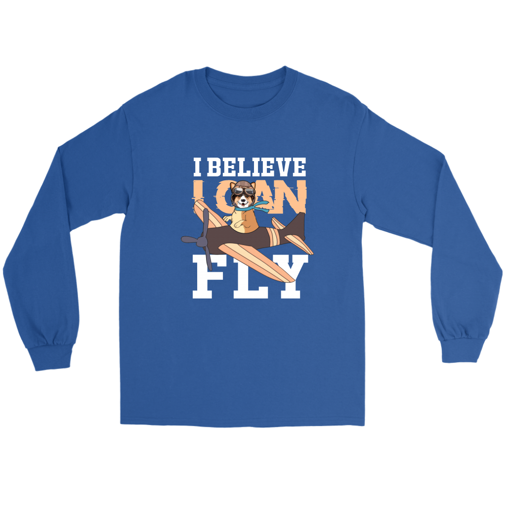 A flat lay of a blue, long sleeved t shirt with the text "I believe I can fly" and a picture of a corgi piloting a plane.