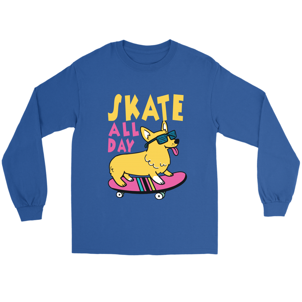 A flat lay of a blue long sleeved shirt. The shirt has yellow and pink text that reads "Skate all day" and features a corgi wearing sunglasses while skateboarding.