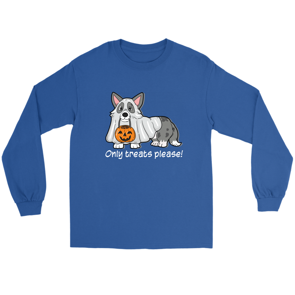 A flat lay of a long sleeved t shirt. The design on the shirt shoes a cardigan corgi dressed up as a ghost. The corgi has a pumpkin-shaped trick or treat bucket hanging from it's mouth. The text underneath says "Only treats please!" The shirt is light blue.