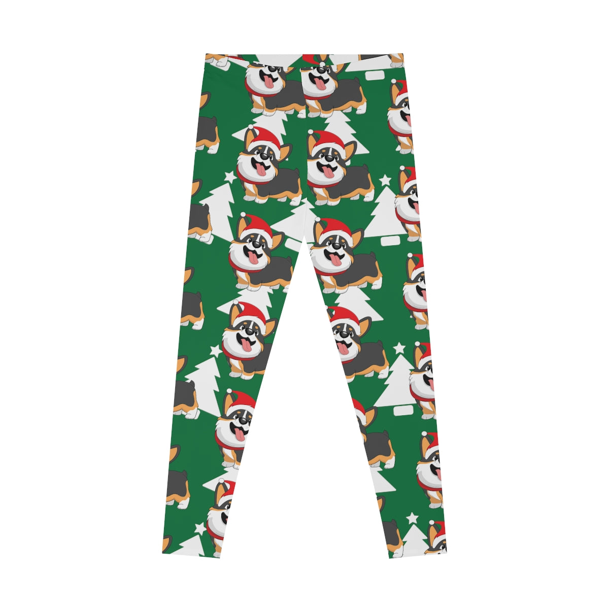 A flat lay of a green pair of leggings. The pattern on the leggings is a white Christmas trees and a tricolor corgi wearing a Santa hat.