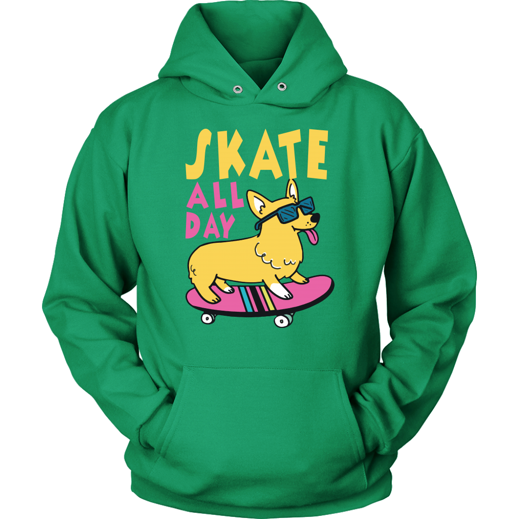 A flat lay of a green hooded sweatshirt. There's yellow and pink text that says "Skate all day" and there's a a corgi wearing sunglasses riding on a skateboard.