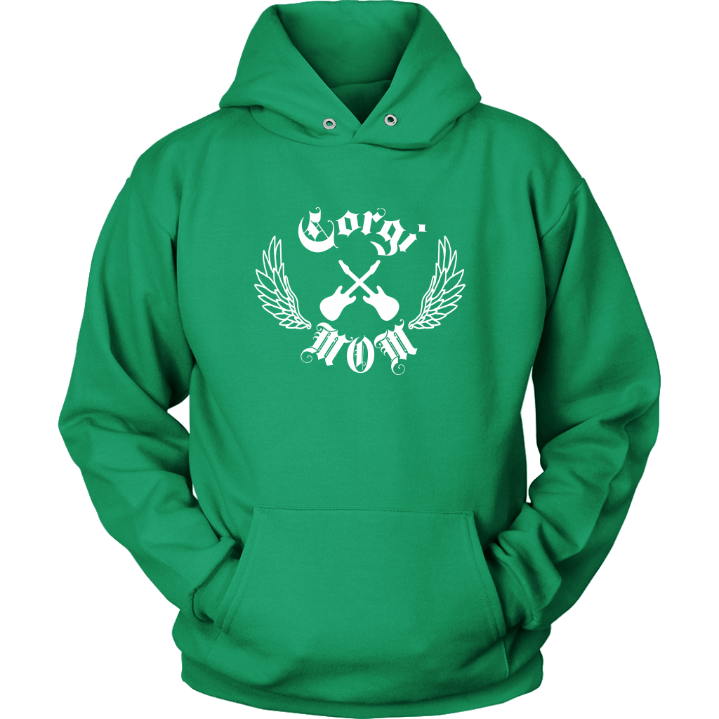The image if of a hoodie. The text on the hoodie says "Corgi Mom" in old english font. There are also crossed electric guitars and line-art wings. The hoodie is green.