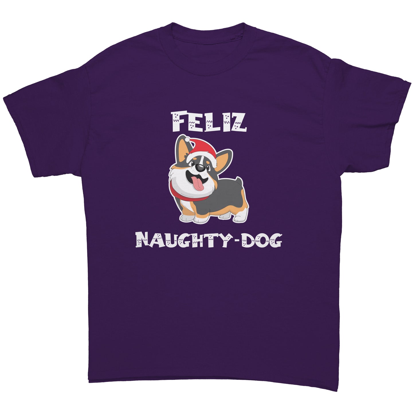 A purple t shirt that says "Feliz Naught-Dog" and has a smiling tricolor corgi wearing a Santa hat on it.