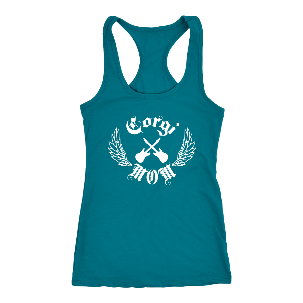 A racerback tank top with the text "Corgi Mom" done in a rock and roll style with crossed guitars. The tank top is turquoise.