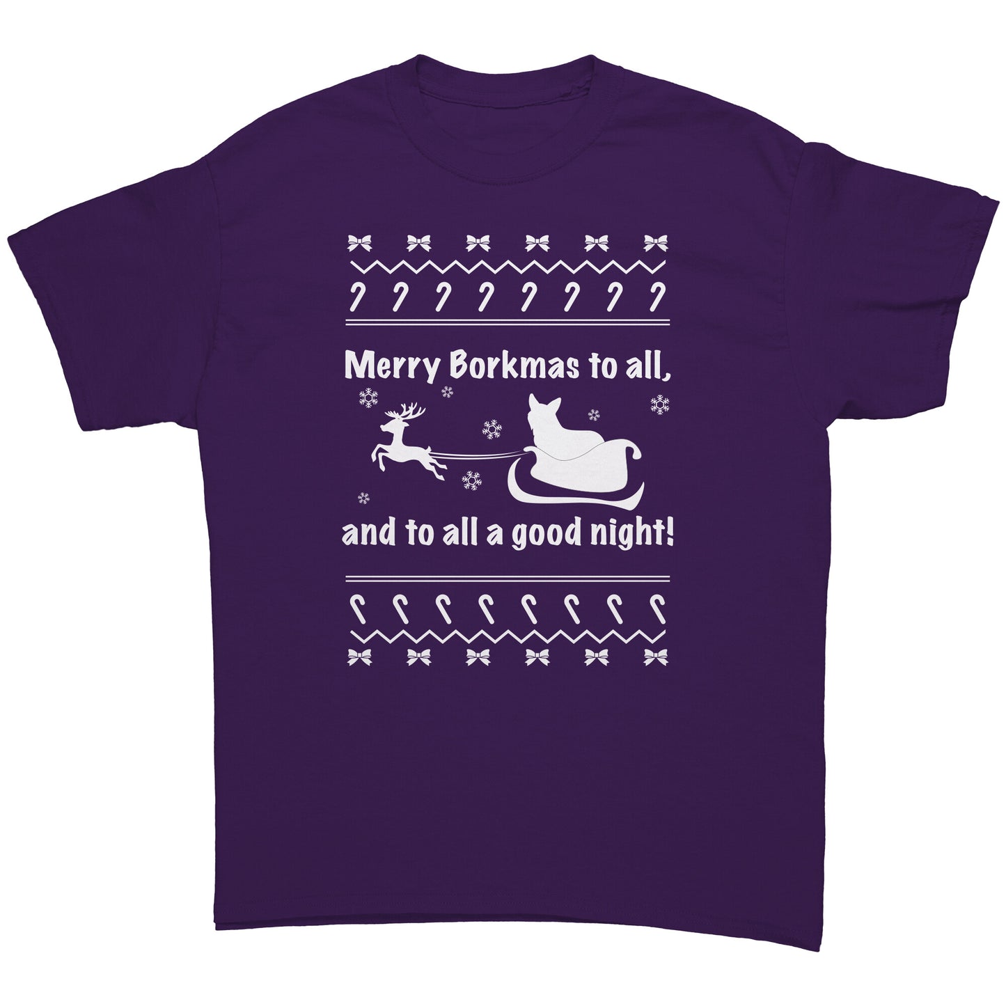 A purple, short sleeved shirt that says "Merry Borkmas to all, and to all a good night!" with a Christmas pattern, and a corgi in Santa's sleigh.