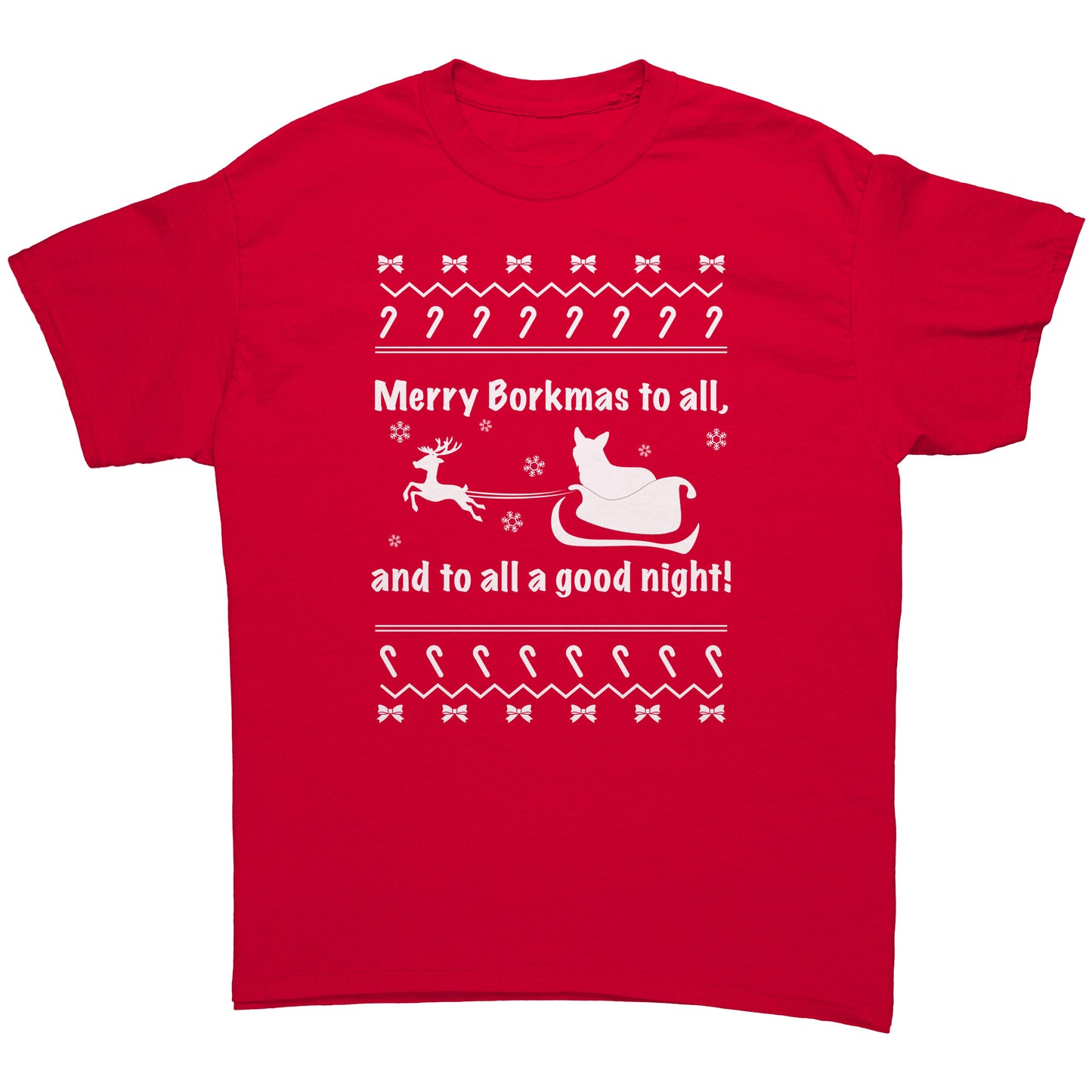 A red, short sleeved shirt that says "Merry Borkmas to all, and to all a good night!" with a Christmas pattern, and a corgi in Santa's sleigh.