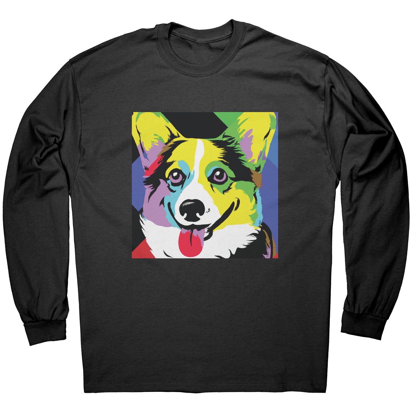 A flat lay of a long sleeved t shirt. The black t shirt has our Pop Art Corgi design on it.