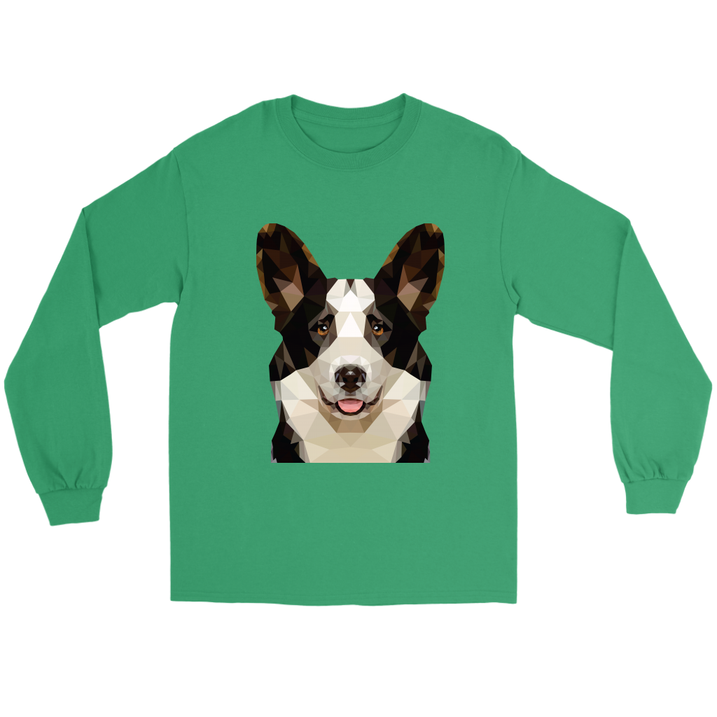 A flat lay of a green long sleeved t shirt with a polygonal cardigan corgi's face on it.