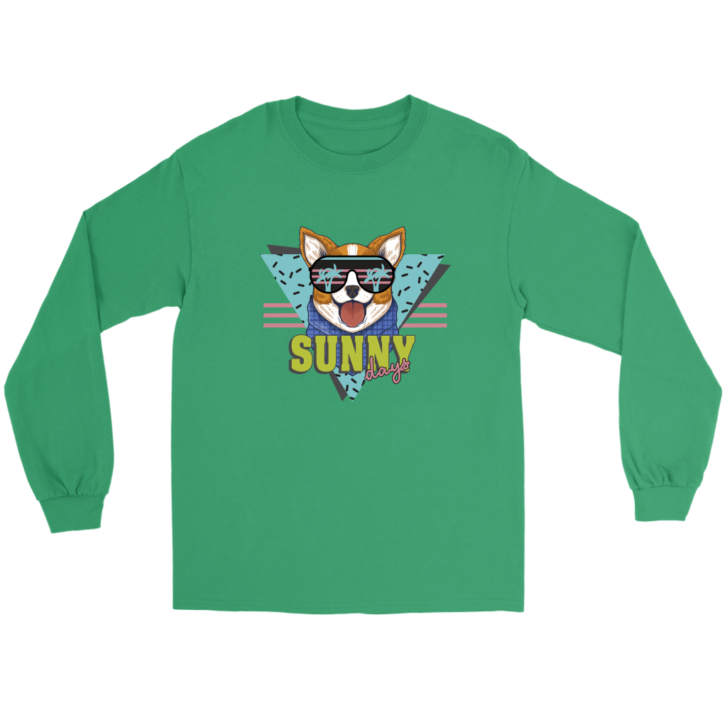 A flat lay of a long sleeved t shirt. The shirt has a retro, 80's design with a corgi wearing sunglasses. There's text that says "Sunny day". The shirt is green.