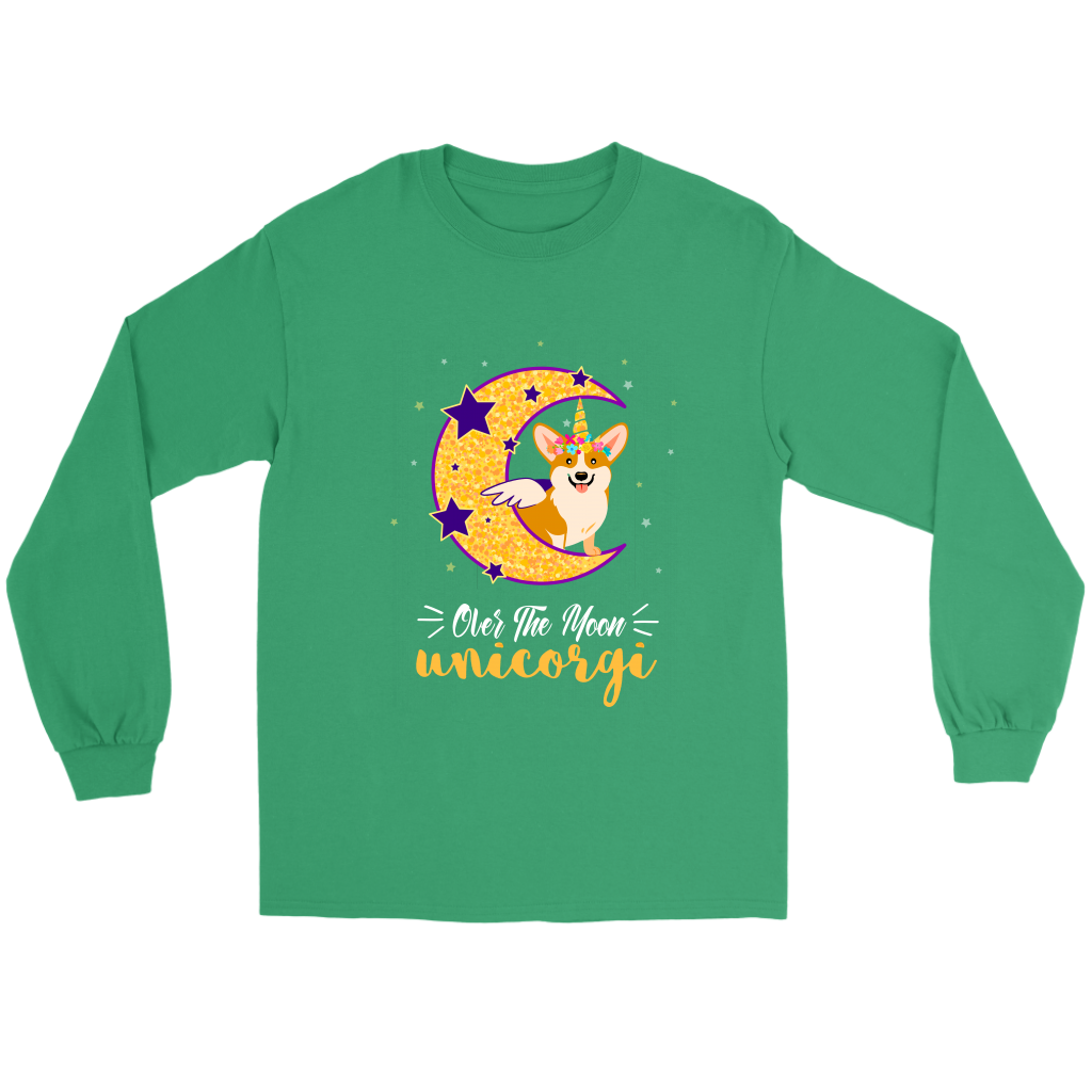 A flat lay of a long sleeved t shirt. The design on a green t shirt is a corgi with a unicorn and wings, while sitting on a crescent moon. There's next under the moon that says "Over the moon Unicorgi".