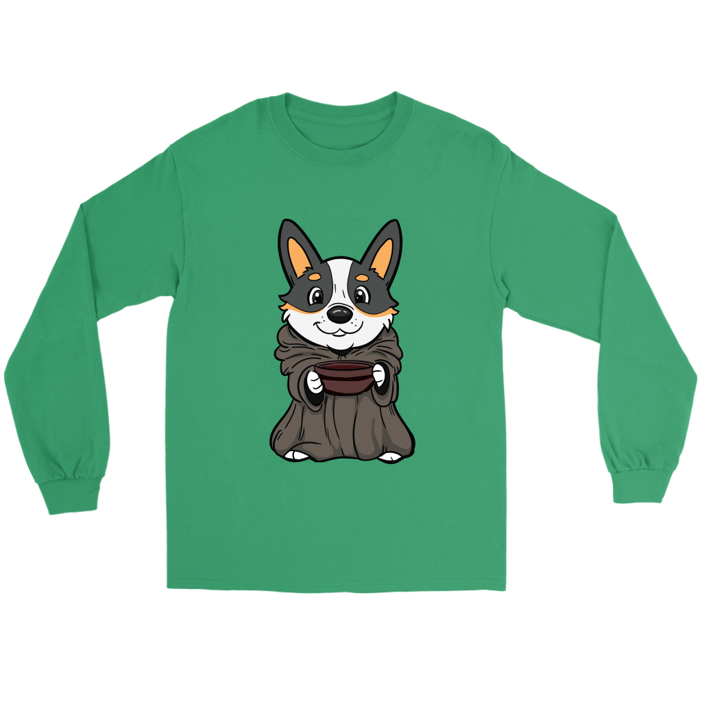 A flat lay of a long sleeved T shirt. The design of the shirt is a tricolor corgi that is dressed up as baby Yoda, (Grogu), from the Mandalorian. The shirt is green.