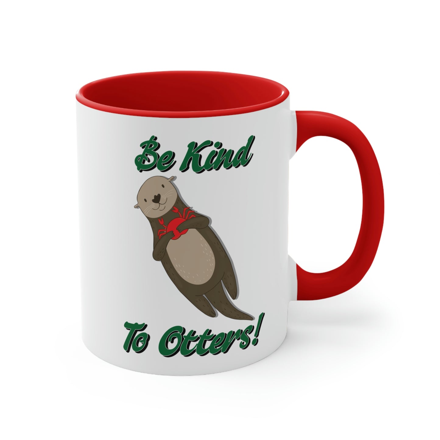 An image of a mug that says "be kind to otters" and has a picture of an otter laying on its back, holding a red crab. The exterior of the mug is white. The interior and handle of the mug are red.