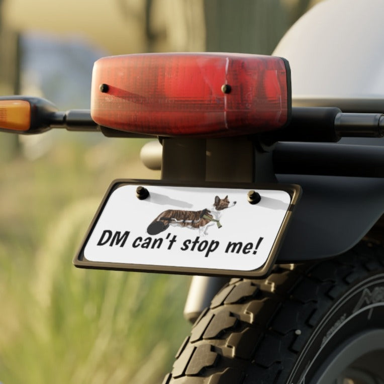 A motorcycle with "DM can't stop me" license plate mounted to the back.