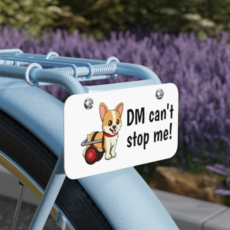 A blue bicycle with "DM can't stop me" license plate mounted to the back.