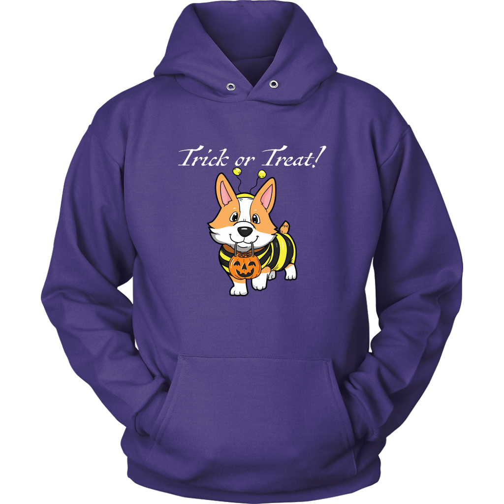 A hoodie with a fawn corgi wearing a bumblebee costume with the text "Trick or Treat!". Hoodie is purple.