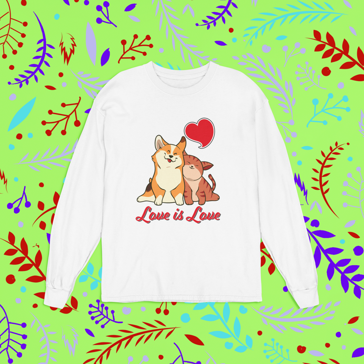 A flat lay of a white long sleeved t shirt. The design of the shirt is a tricolor corgi snuggling a cat with red text underneath them that says "Love is love" with another red heart above their heads. 