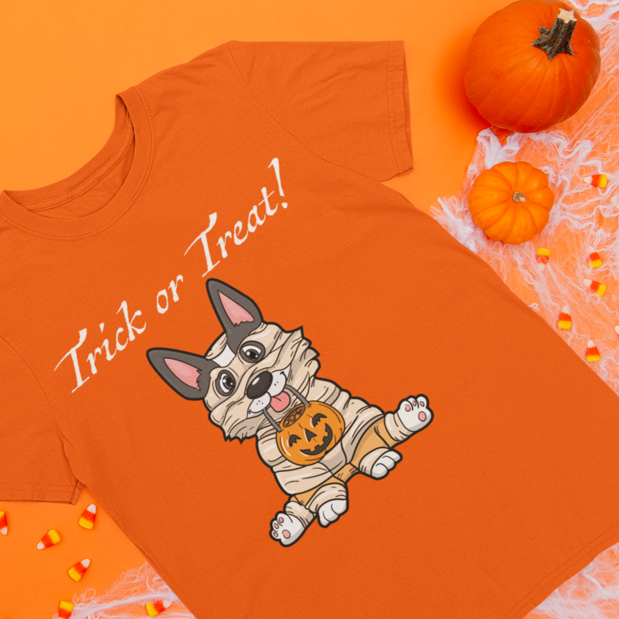 A t shirt with a tricolor corgi wearing a mummy costume. The text says "Trick or Treat" and the shirt is orange colored. The shirt is laying on an orange table next to some pumpkins, fake spider webs, and some halloween candy. 