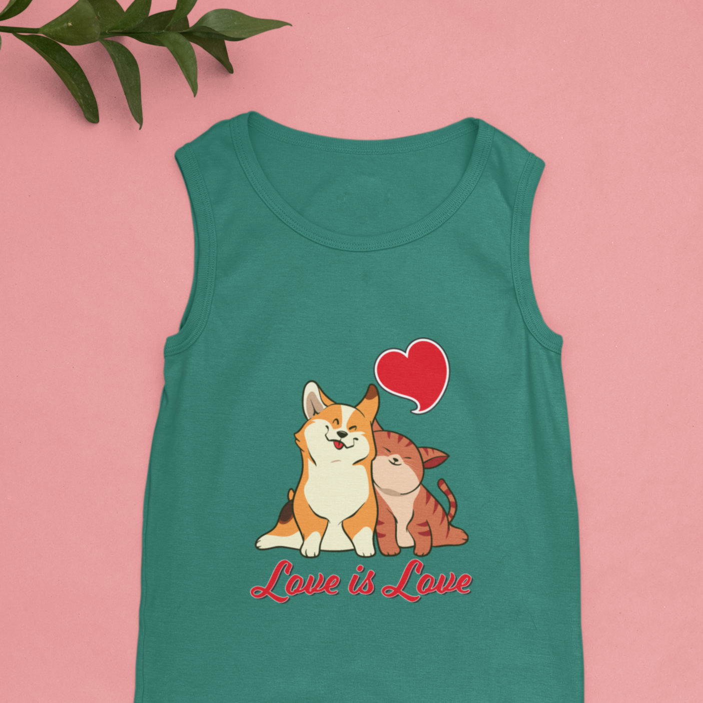 A flat lay of a unisex tank top with a corgi snuggling a cat. The text says "Love is Love" and the tank top is turquoise and is laying on a pink table with some plants.