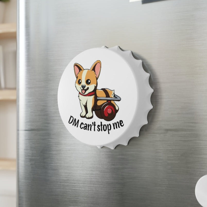 A view of our "DM can't stop me" magnet on a fridge.