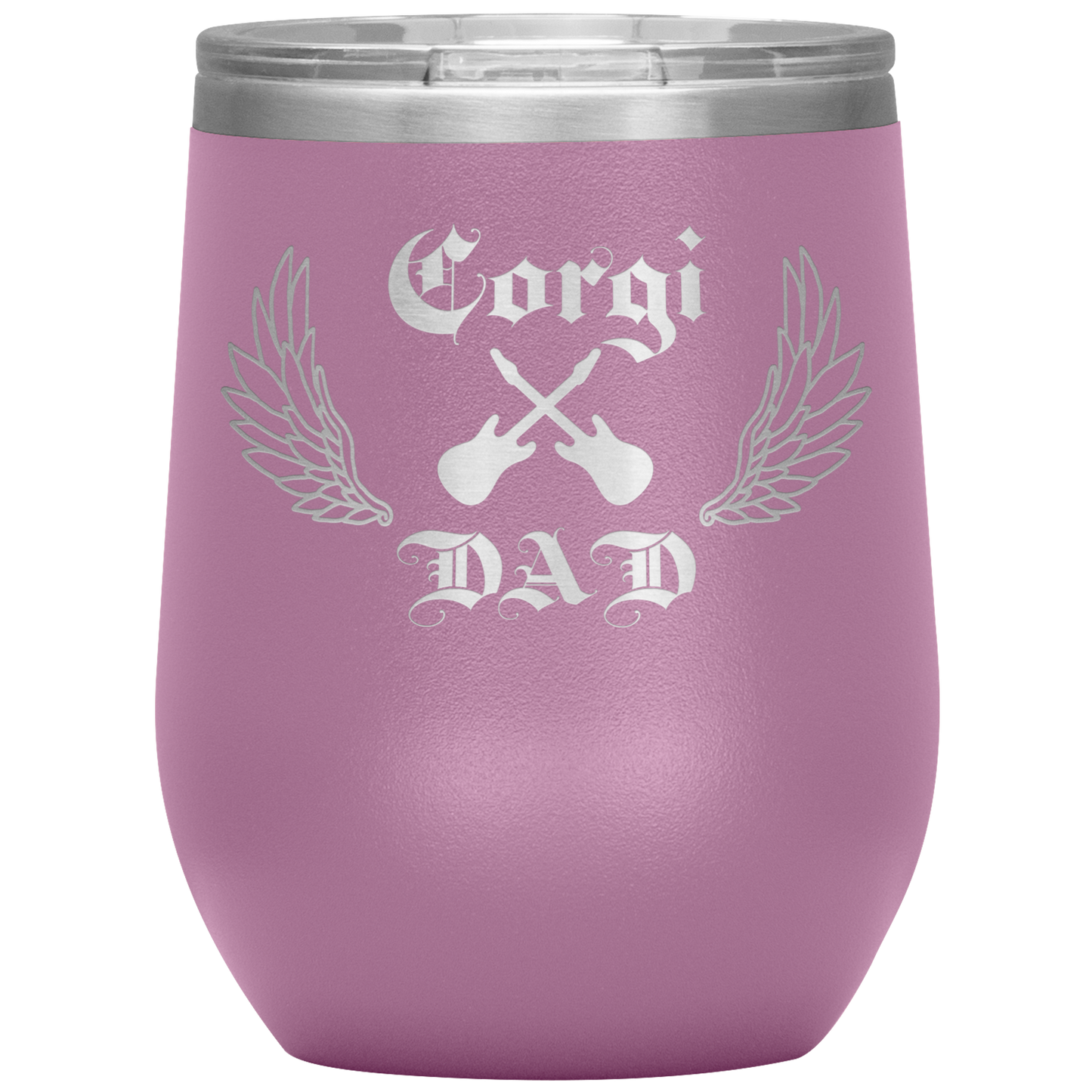 An insulated tumbler with the text "Corgi Dad" in a gothic style font with guitars and wings. The tumbler is light purple.