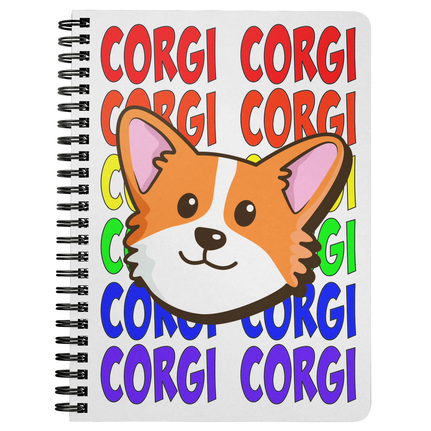 Journal with a corgi's face and the text "corgi" in rainbow colors. 