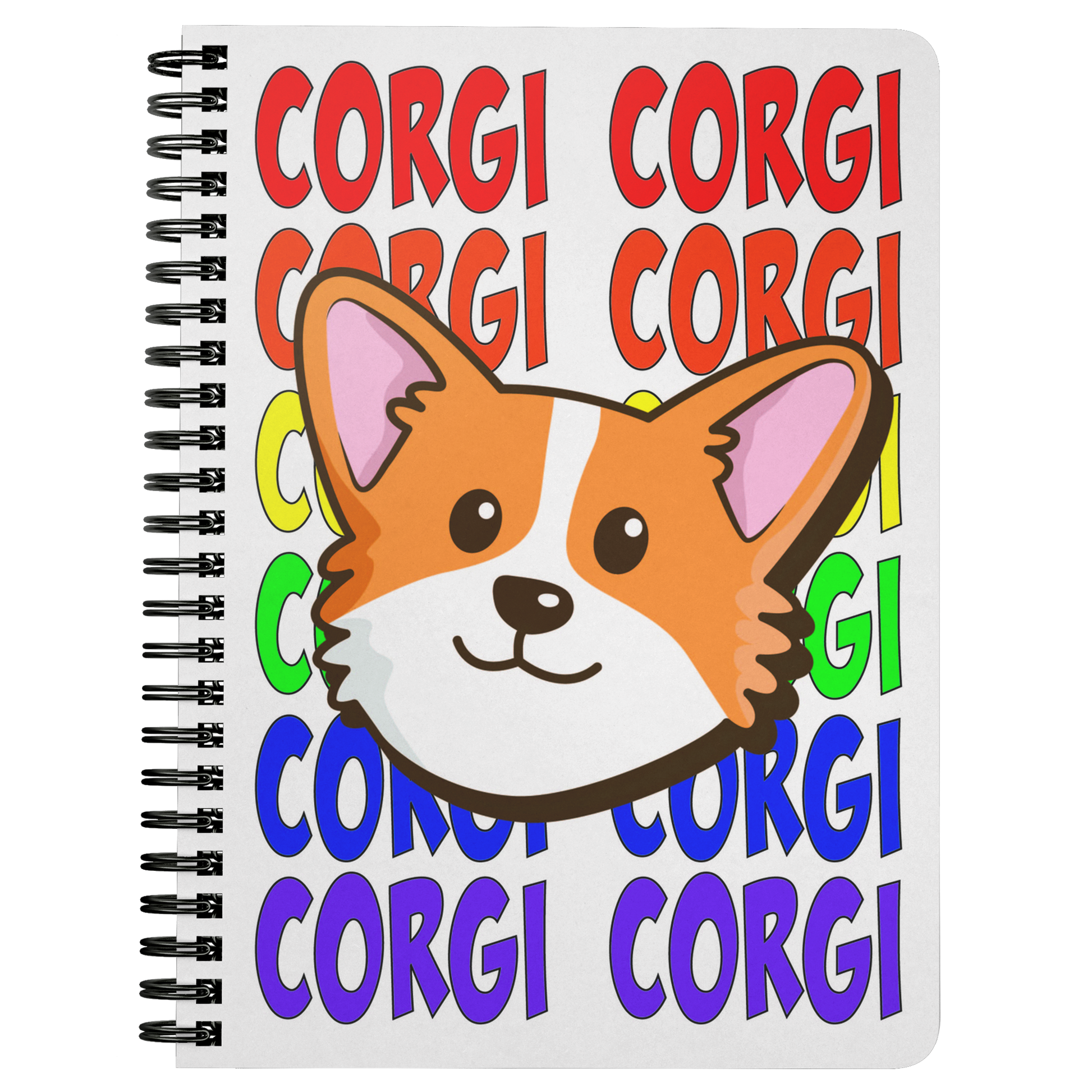 Journal with a corgi's face and the text "corgi" in rainbow colors. 