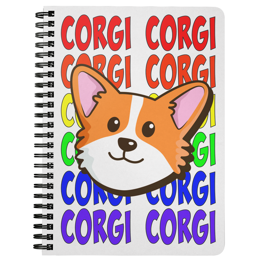 Journal with a corgi's face and the text "corgi" in rainbow colors. 