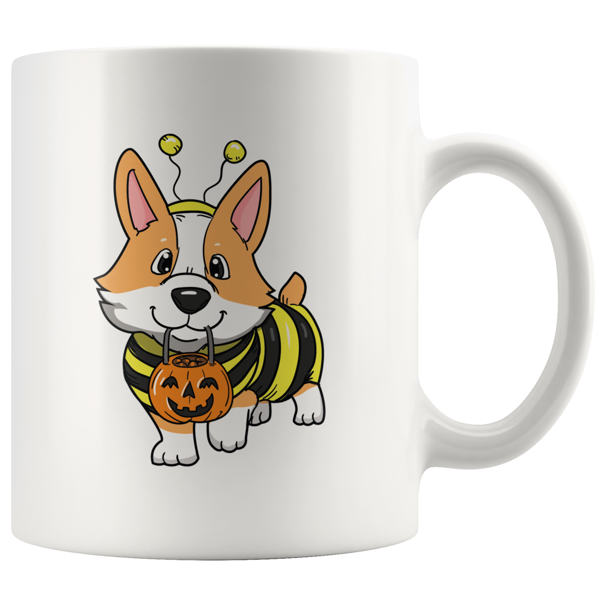 A white mug with a fawn corgi wearing a bumblebee costume.