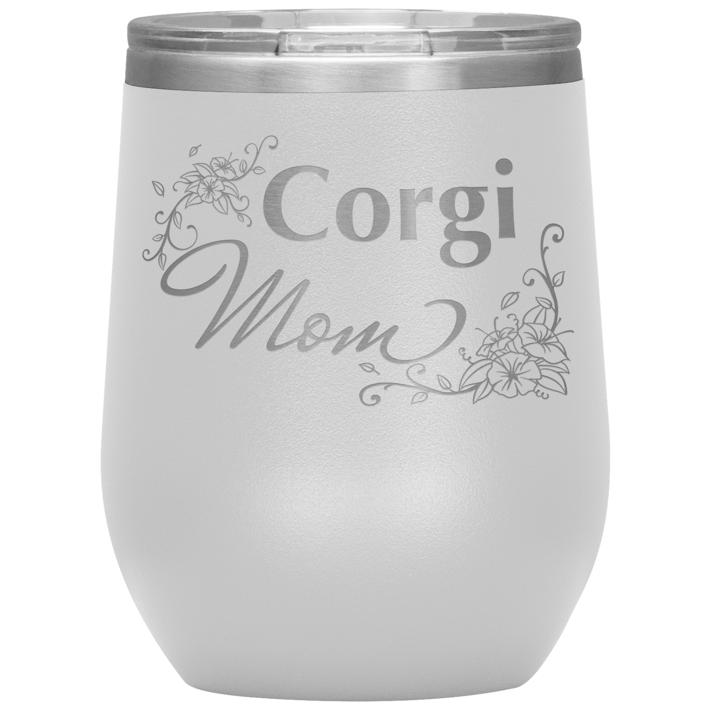 A white 12oz tumbler with the text "Corgi Mom" in a flowery font.