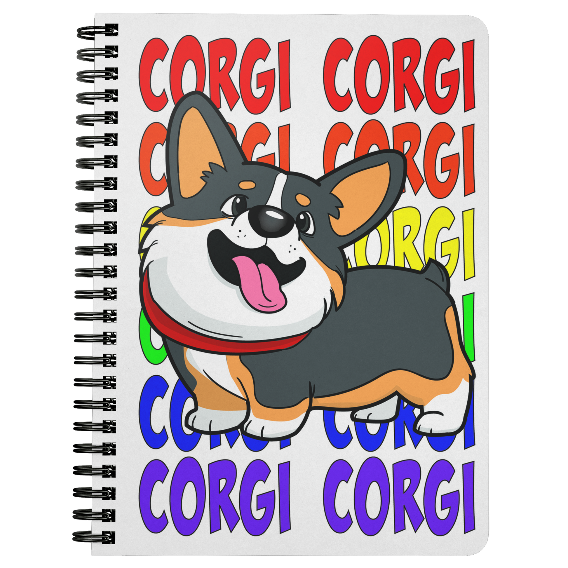 Journal with a tricolor corgi and the text "corgi" in rainbow colors.