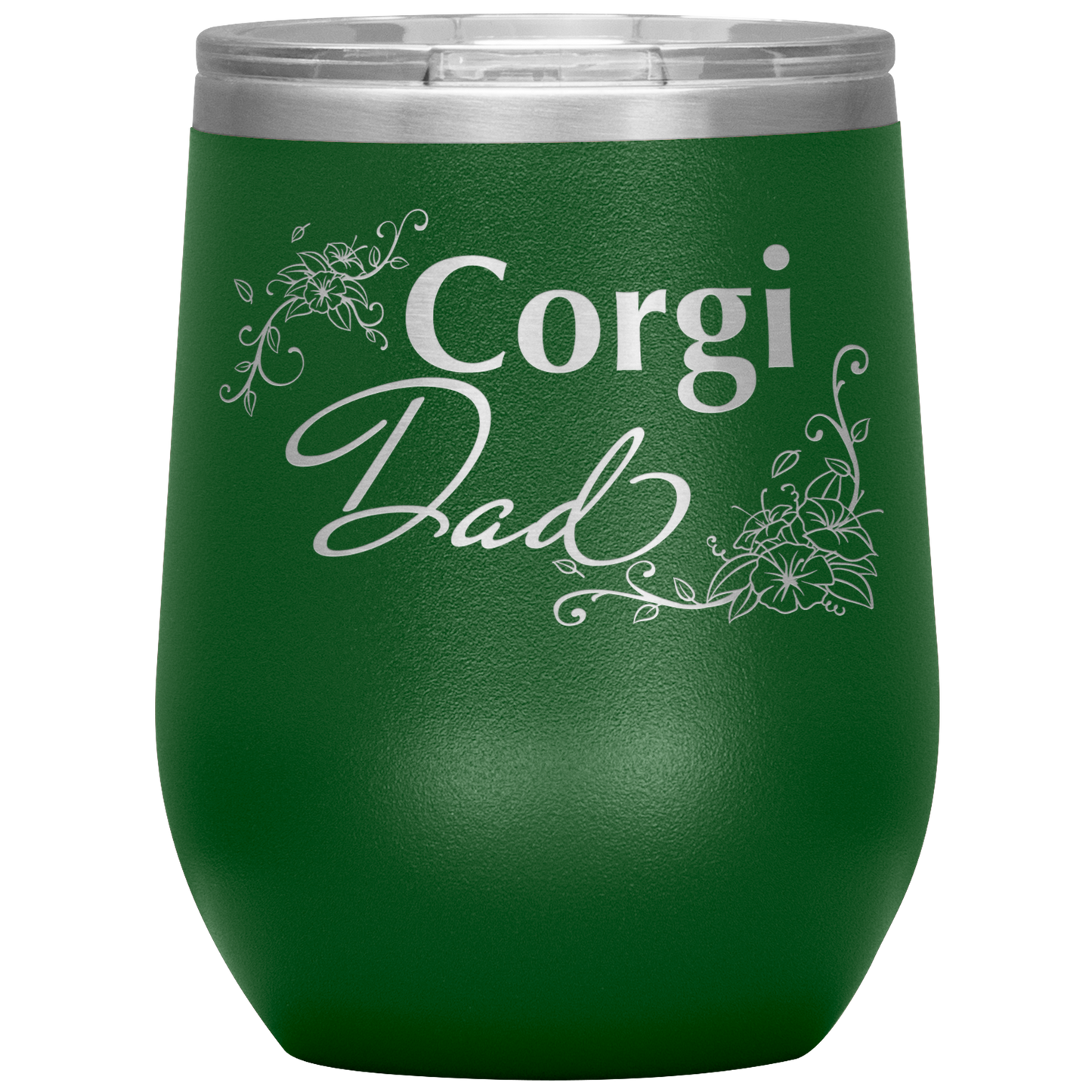 A green 12oz tumbler with the text "Corgi Dad" in a flowery font.