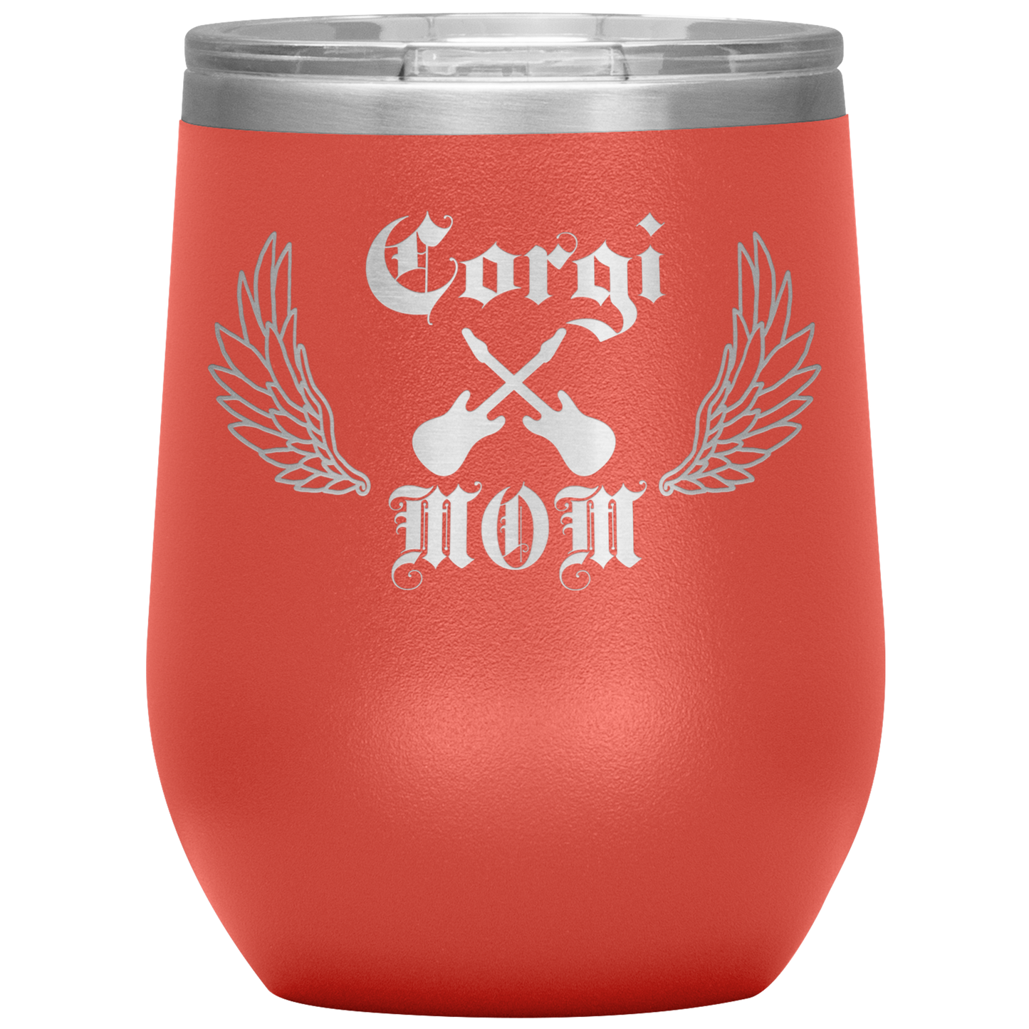 An insulated tumbler with the text "Corgi Mom" in a gothic style font with guitars and wings. The tumbler is orange.