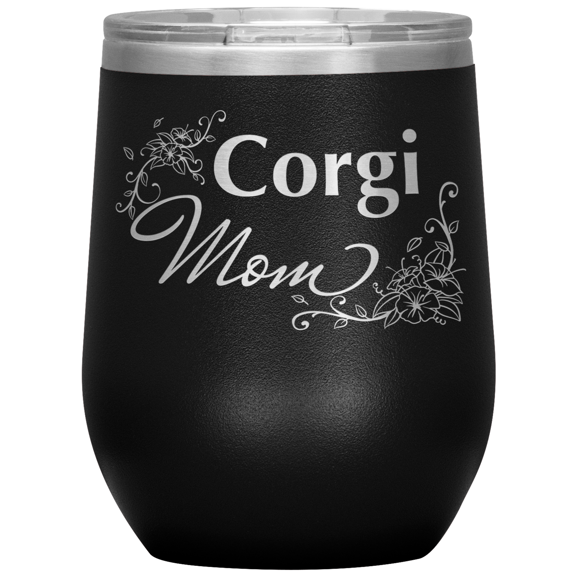 A black 12oz tumbler with the text "Corgi Mom" in a flowery font.