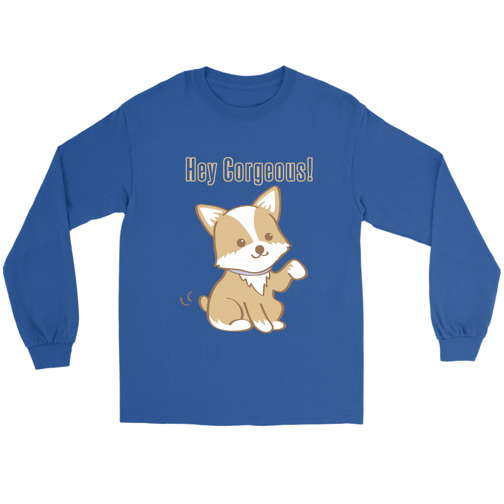 A dark blue, long sleeved t shirt with corgi waiving it's paw and it says "Hey Corgeous" in yellow text.