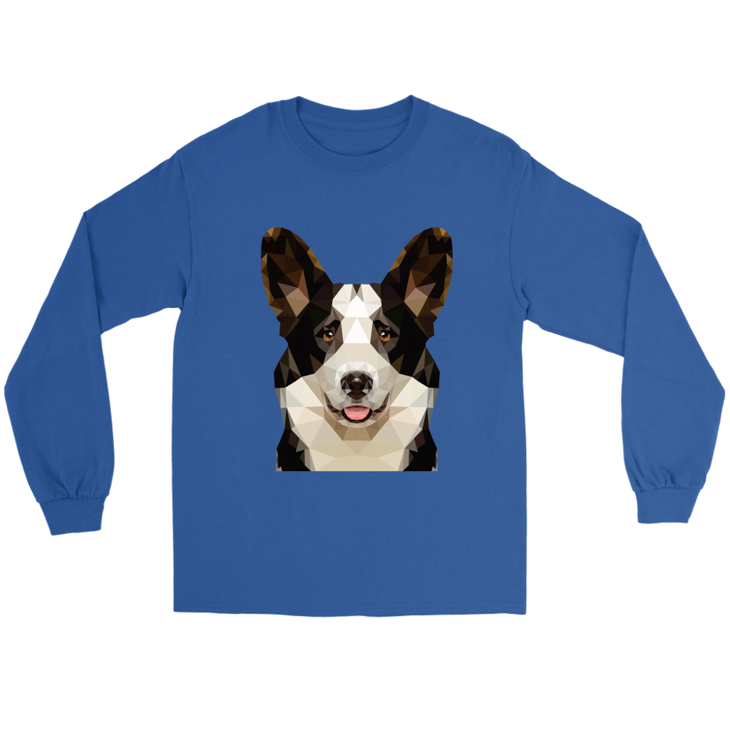  A flat lay of a blue long sleeved t shirt with a polygonal cardigan corgi's face on it.