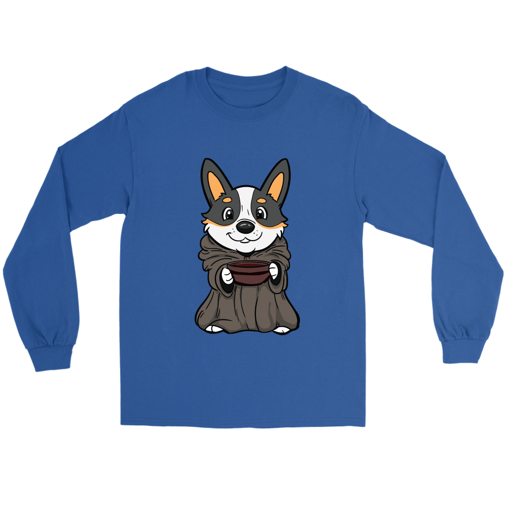 A flat lay of a long sleeved T shirt. The design of the shirt is a tricolor corgi that is dressed up as baby Yoda, (Grogu), from the Mandalorian.  The shirt is blue. 