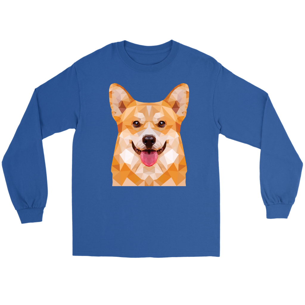 A flat lay of a long sleeved blue t shirt. The design of the shirt is polygonal pembroke corgi.