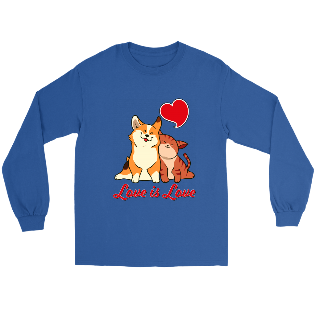 A flat lay of a blue long sleeved t shirt. The design of the shirt is a tricolor corgi snuggling a cat with red text underneath them that says "Love is love" with another red heart above their heads. 