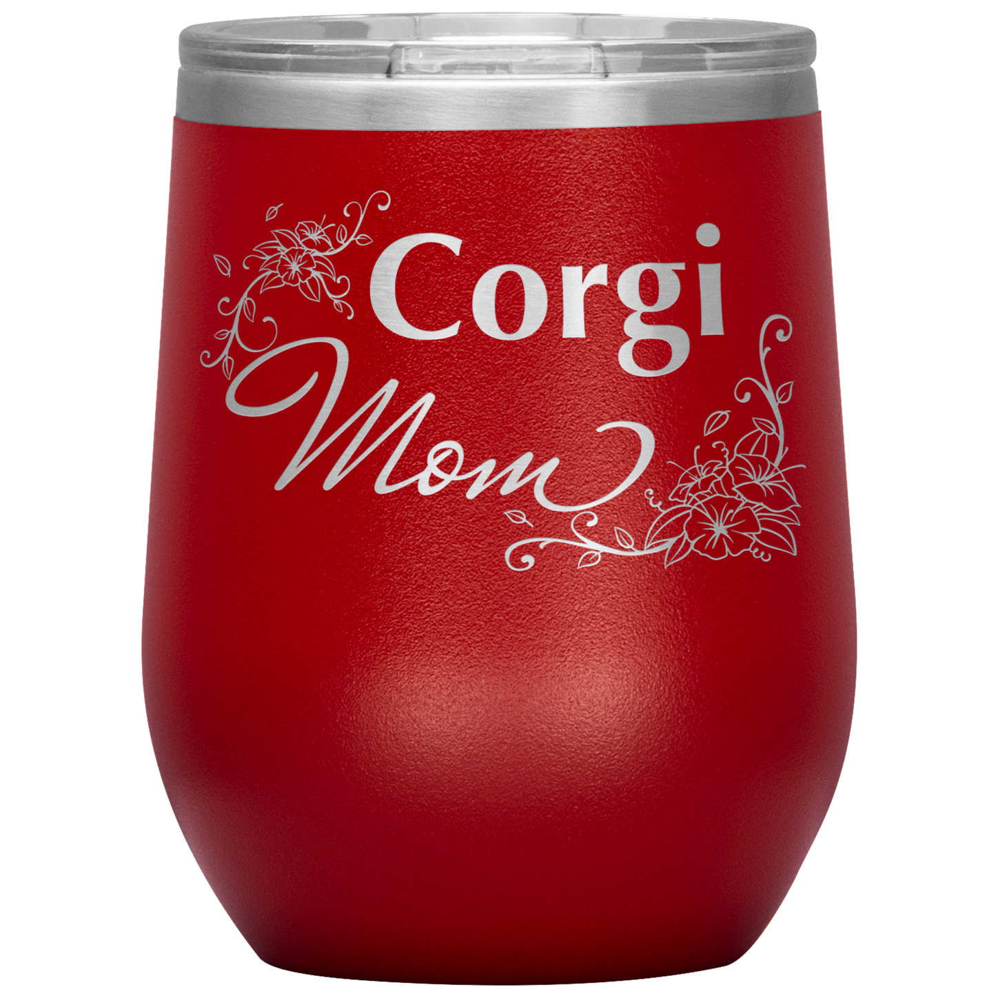 A red 12oz tumbler with the text "Corgi Mom" in a flowery font.