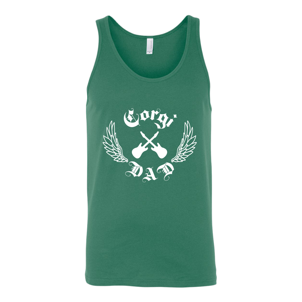 A unisex tank top with the text "Corgi Dad" done in a rock and roll style with crossed guitars. The tank top is green. 