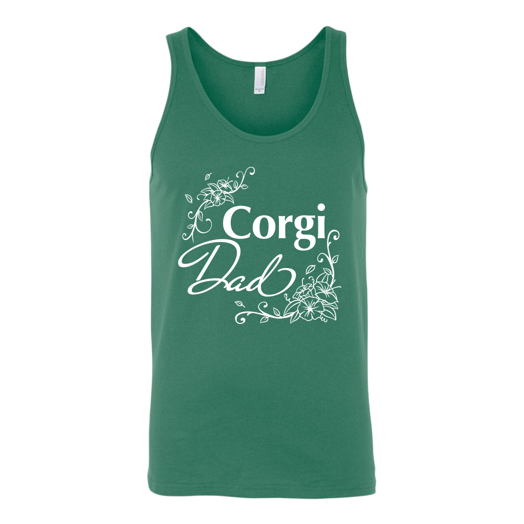 A unisex tank top with the text "Corgi Dad" in flowery text. The tank top is green.