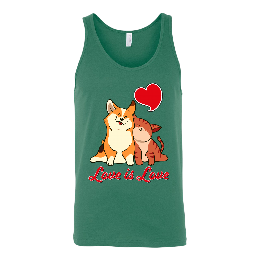 A unisex tank top with a corgi snuggling a cat. The text says "Love is Love" and the tank top is green.