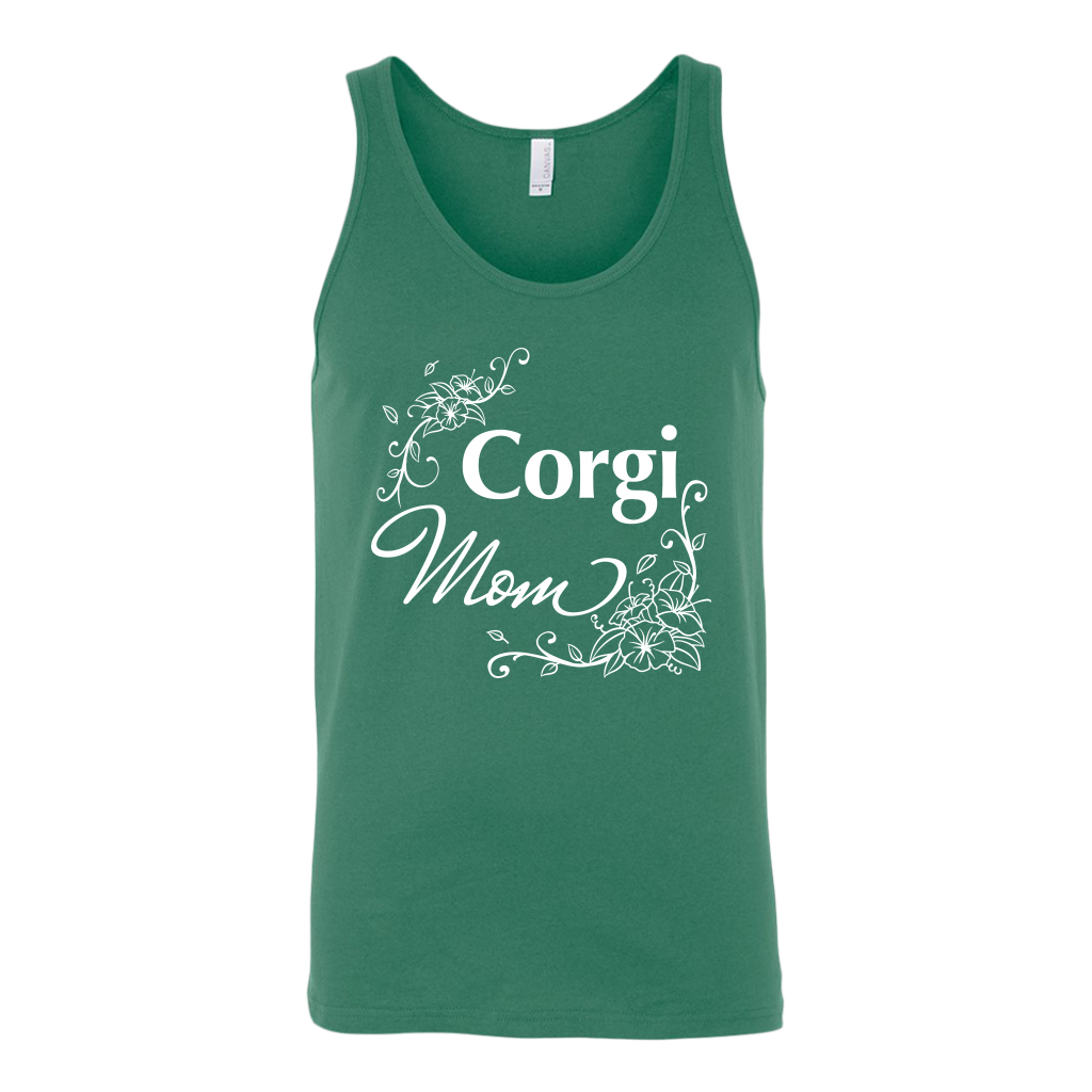 A unisex tank top with the text "Corgi Mom" in flowery text. The tank top is green.