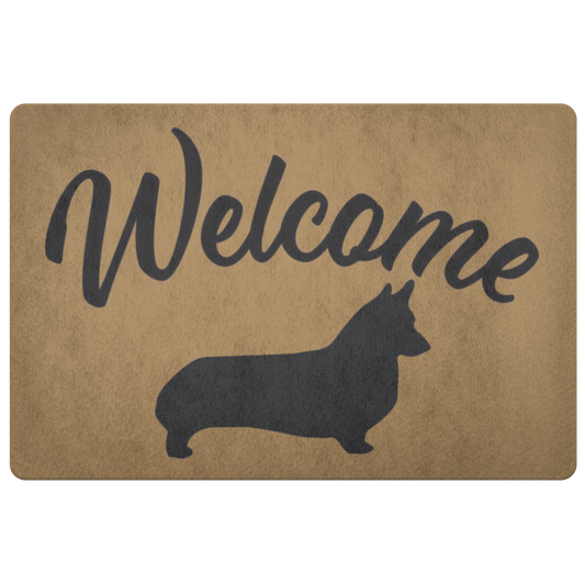 A doormat with the text "Welcome" with a silhouette of a corgi under to it.