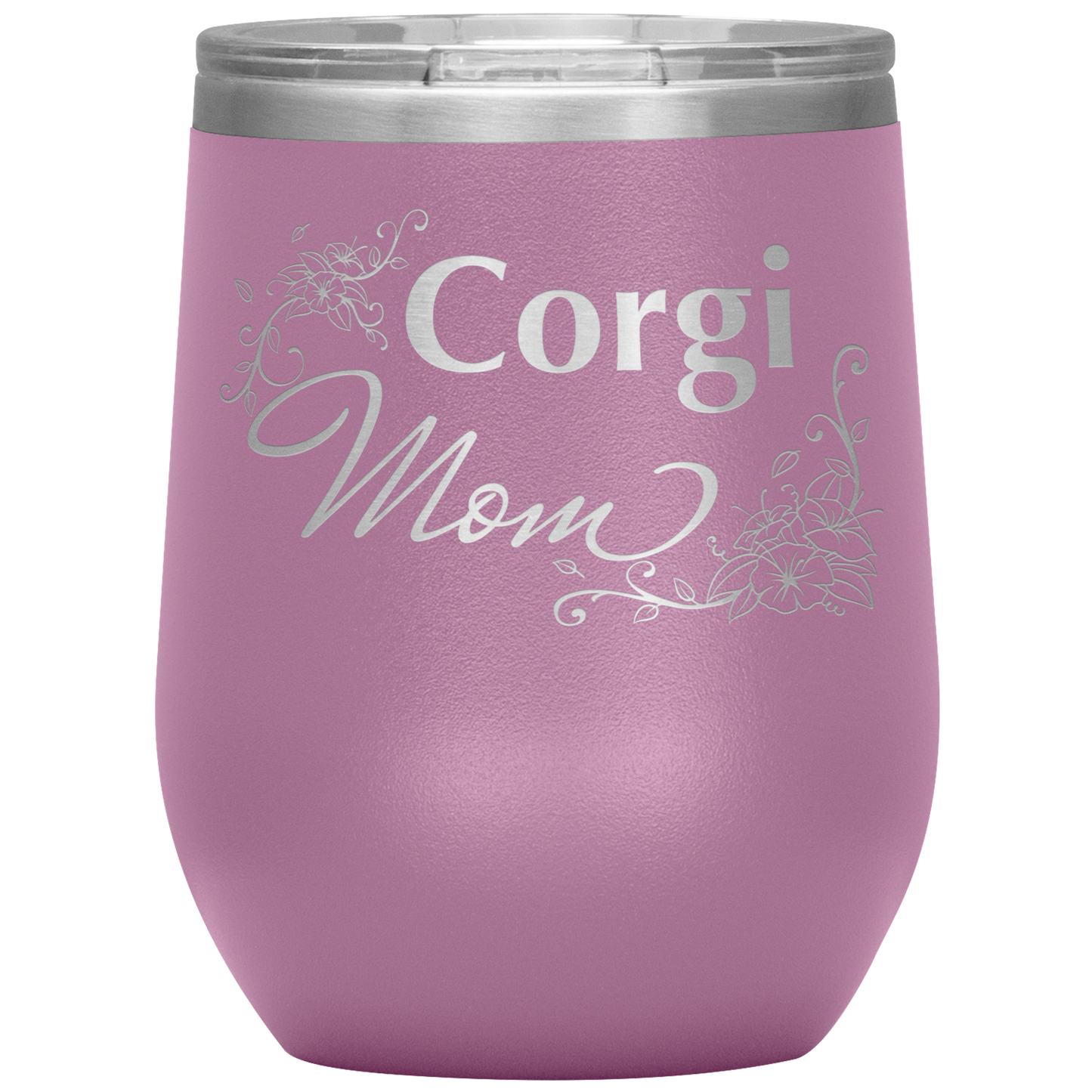 A light purple 12oz tumbler with the text "Corgi Mom" in a flowery font.