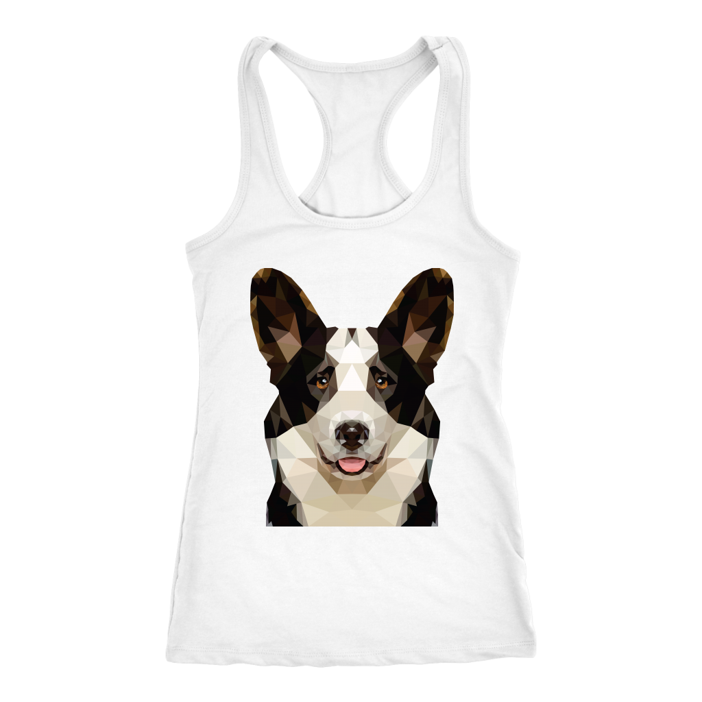 A racerback tank top with a cardigan corgi made of polygonal art. The tank is white.