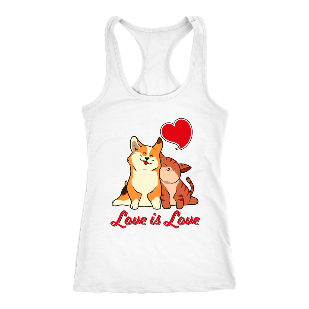 a racerback tank top with a corgi snuggling a cat. The text says "Love is Love" and the tank top is white.