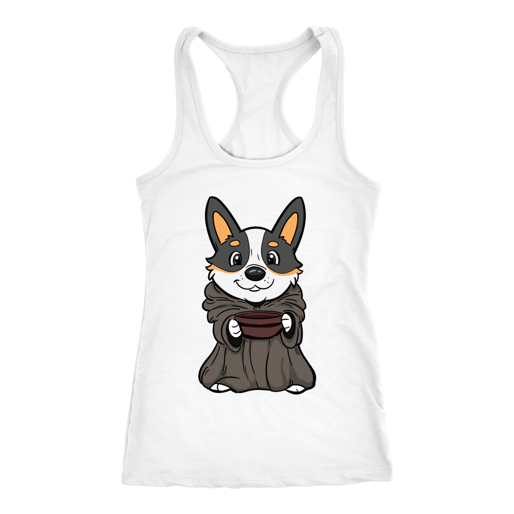 A racerback tank top with a picture of a corgi dressed as baby yoda. The tank is white.