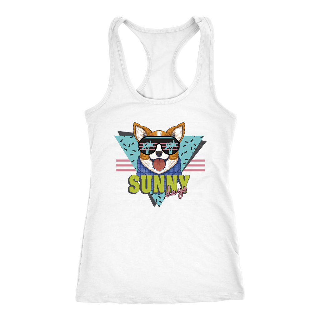 A racerback tank top with the text "Sunny Days" with a corgi's face above to the text. The tank top is white.